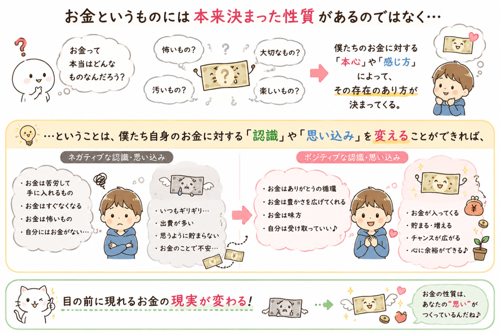 alt="お金そのものに決まった性質はなく、自分のお金に対する認識や思い込みによって、目の前に現れるお金の現実が変わることを、可愛いイラストでわかりやすく説明した図"