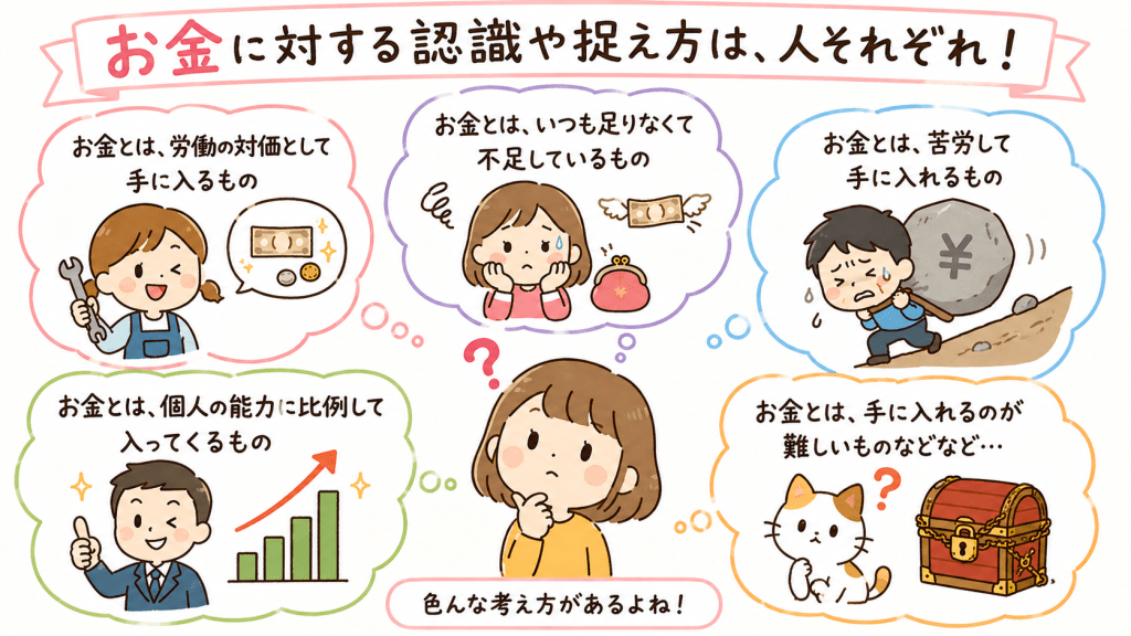 alt="お金に対する考え方や思い込みは人それぞれ違うことを、5つの例でわかりやすく説明した可愛いイラスト"