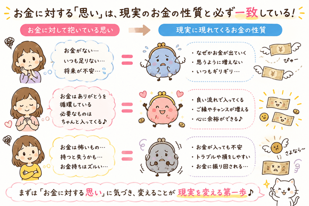 alt="お金に対して抱いている思いや思い込みと、現実に現れるお金の性質は一致することを、可愛いイラストでわかりやすく解説した図"