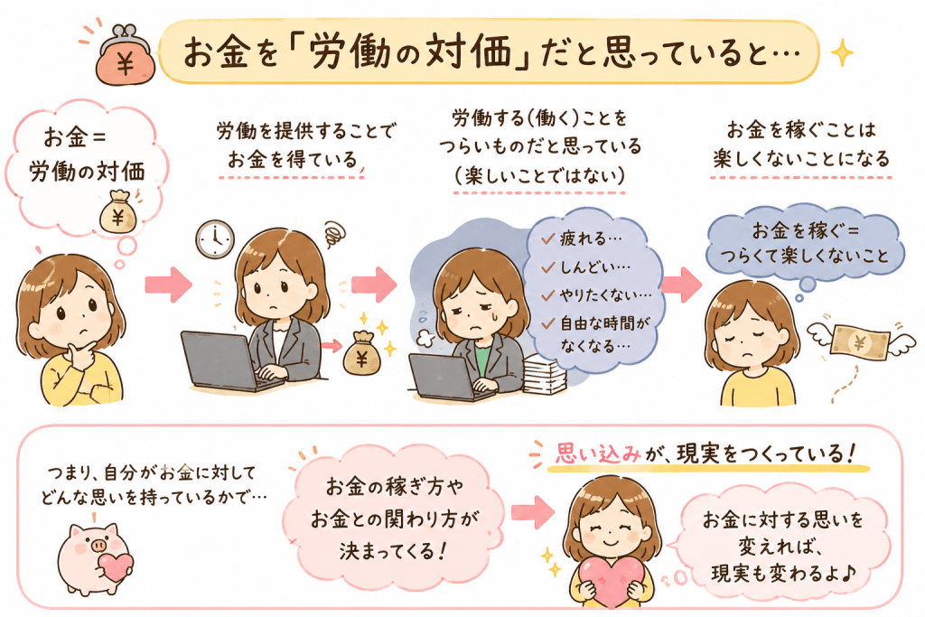 alt="『お金は労働の対価』という思い込みから、『お金を稼ぐことは楽しくない』という認識が生まれる流れを、可愛いイラストでわかりやすく説明した図"