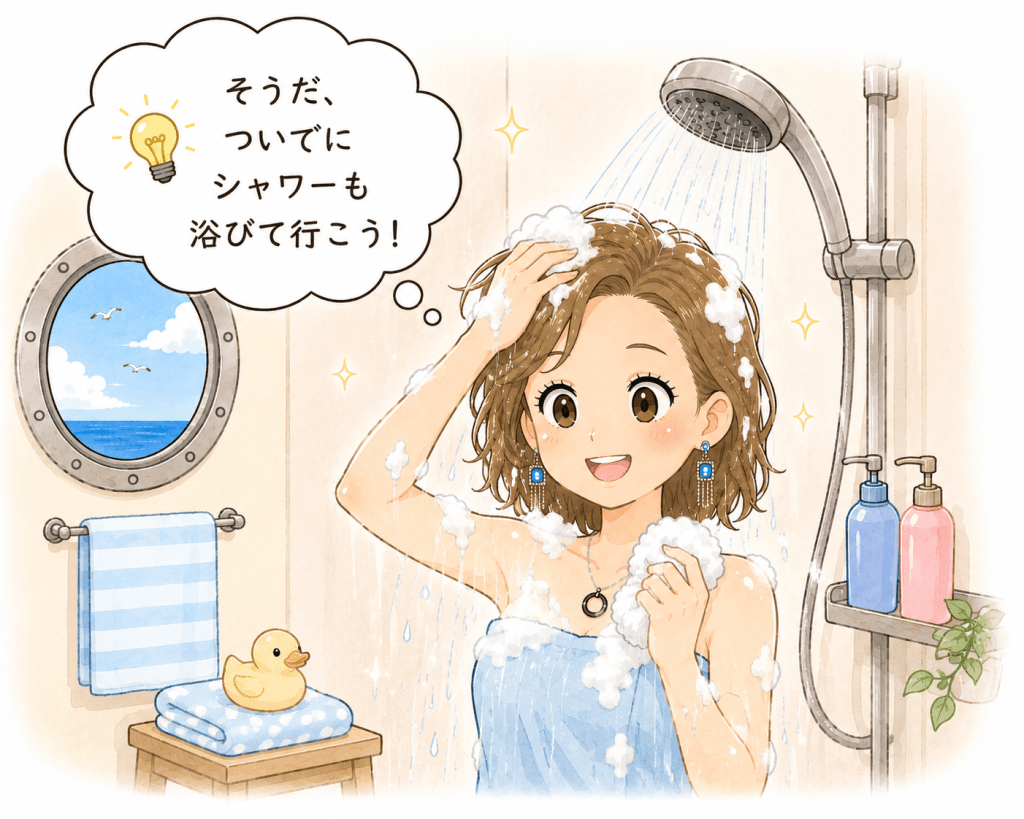 alt="「そうだ、ついでにシャワーも浴びて行こう!」と思い、船のデッキへ向かう前にシャワーを浴びるエスターのイラスト"