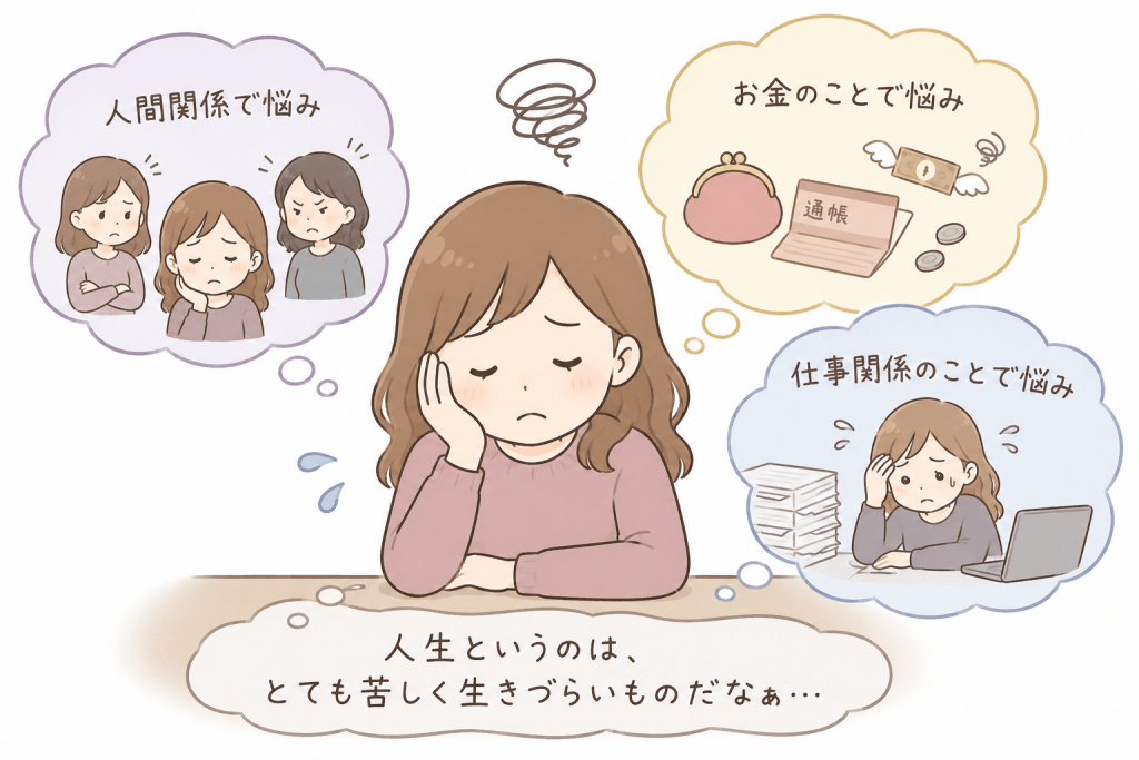 alt="人間関係やお金、仕事の悩みを抱え、「人生は苦しく生きづらい」と感じている人物のイラスト"