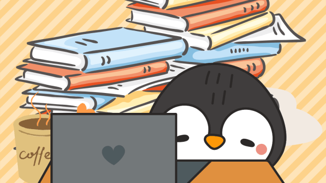 alt=積み重なった本とコーヒーをそばに置き、机でノートパソコンを使ってブログ記事を書く可愛いペンギンのイラスト"