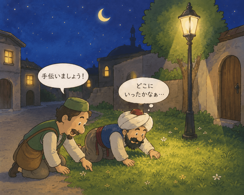 alt="ナスルディンの街灯の寓話で、隣人が「手伝いましょう！」と言って一緒に街灯の下の芝生を探し始める様子を描いたイラスト"