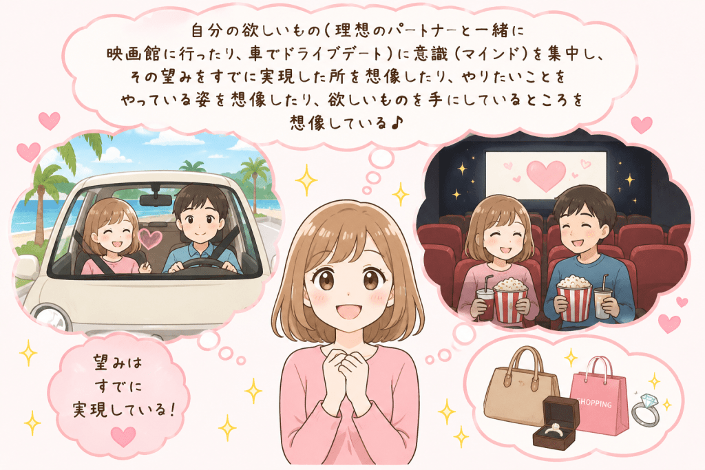 alt="理想のパートナーとの映画館デートやドライブデート、欲しいものを手に入れた姿など、望みがすでに実現した自分を想像している女性のシンプルで可愛いイラスト"