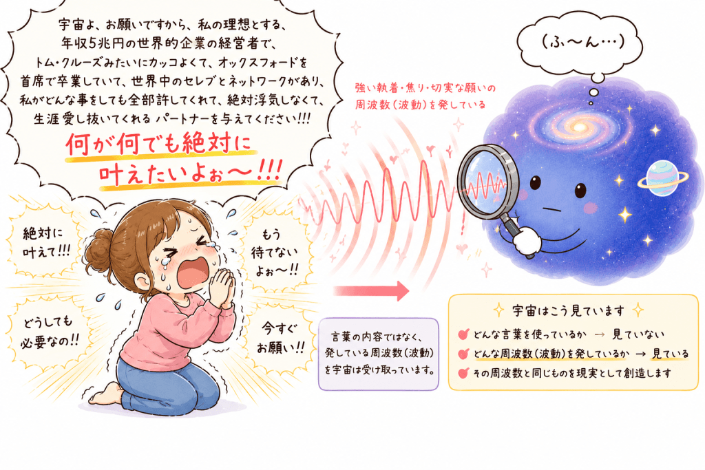 alt="理想のパートナーを必死に願う女性と、その言葉ではなく発している執着や焦りの周波数を宇宙が受け取っている様子を描いたイラスト"