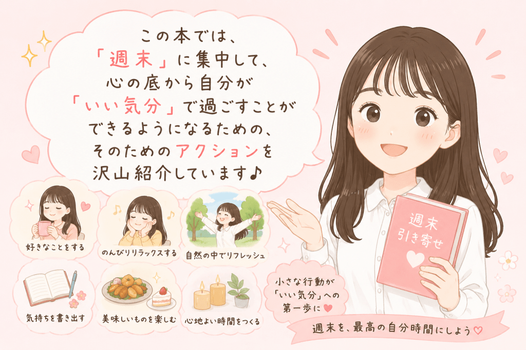 alt="著者のSayaka.さんが、週末に心の底から「いい気分」で過ごせるようになるための具体的なアクションを本の中で紹介していることを読者に伝えるイラスト"