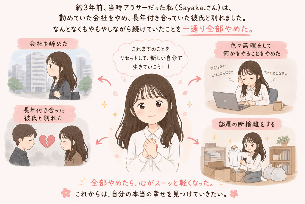 alt="会社や恋人との関係、無理をして続けていたことを手放し、部屋の断捨離をして人生をリセットしたSayaka.さんのイラスト"