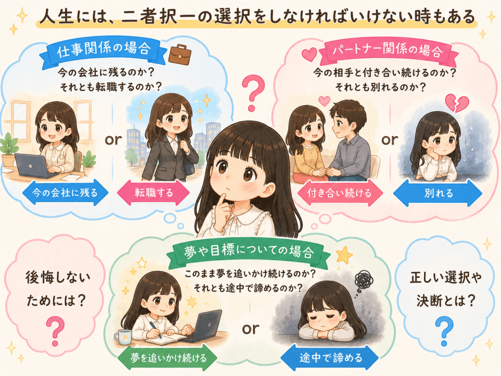 alt="仕事・恋愛・夢など人生で訪れる二者択一の選択を、可愛いイラストで比較しながら「後悔しないためには?」「正しい選択や決断とは?」をわかりやすく解説した説明イラスト"