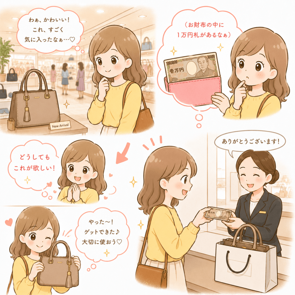 alt="デパートで気に入ったバッグを見つけ、お財布の中の1万円札を思い出し、欲しかったバッグを購入する女性のイラスト"