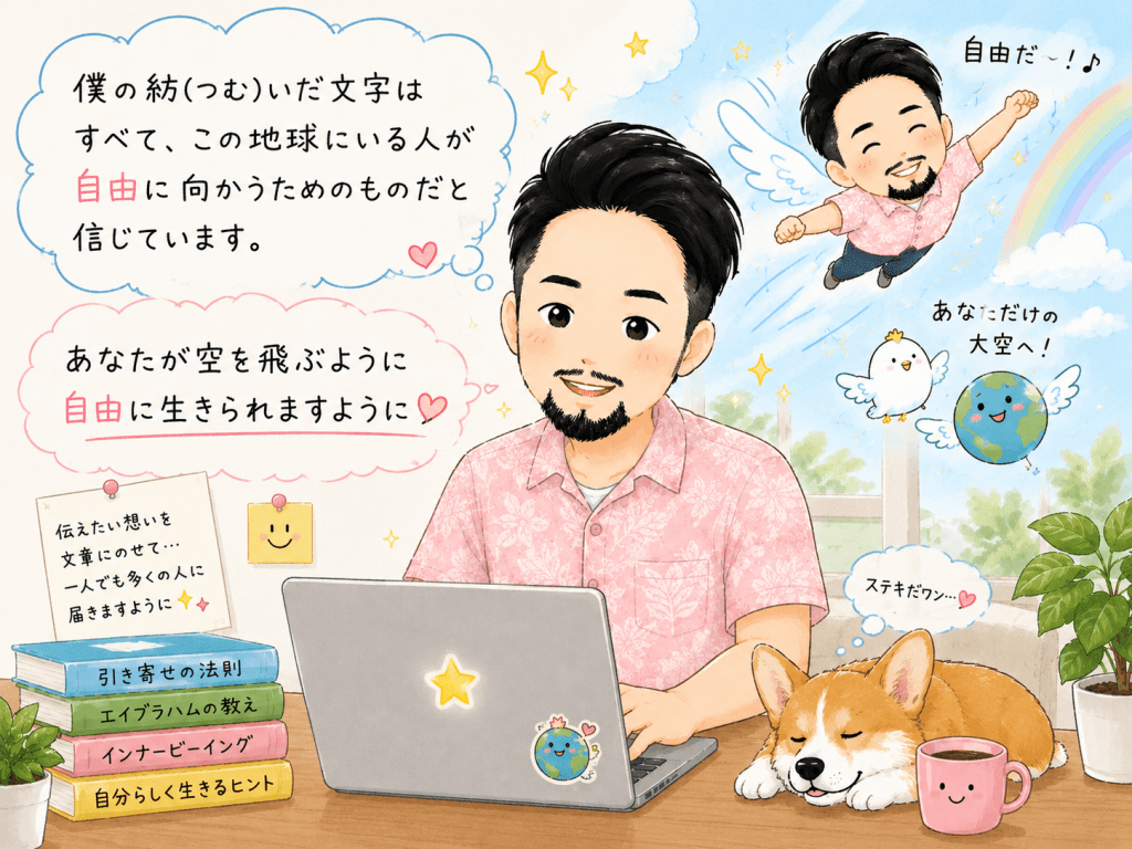 alt="こうちゃんが「誰もが自由に生きられますように」という願いを込めて、読者へ届ける文章を笑顔でパソコンに打ち込んでいる可愛いイラスト"