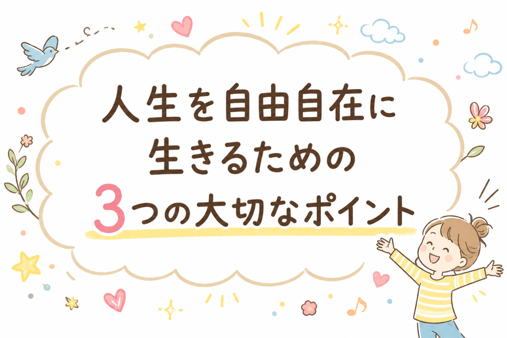 alt="人生を自由自在に生きるための3つの大切なポイントをテーマにした、シンプルで親しみやすいタイトルイラスト"