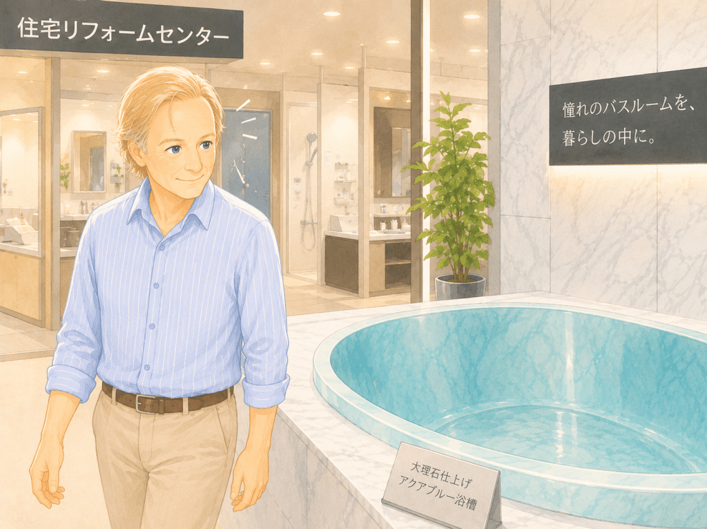 alt="住宅リフォームセンターで展示されていた大理石仕上げのアクアブルーの浴槽に偶然目を奪われる男性のイラスト"