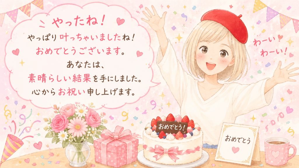 alt="キャメレオン竹田さんが読者に向けて「やったね!やっぱり叶っちゃいましたね!おめでとうございます」と笑顔で前祝いをしているイラスト。ケーキや花束、プレゼントに囲まれ、願いが叶った喜びを一緒にお祝いしている可愛い様子を表現"