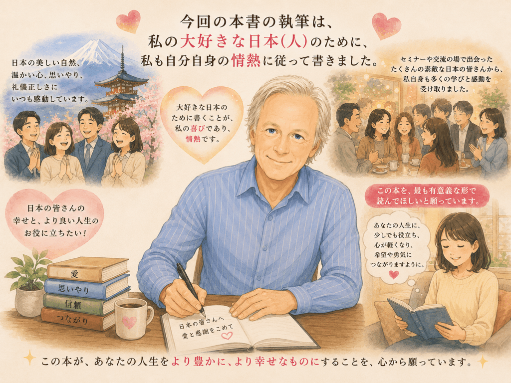 alt="アラン・コーエンさんが、大好きな日本の人々のために情熱を込めて本を書き、読者が最も有意義な形で本を読んで人生に役立ててほしいという願いを表現"