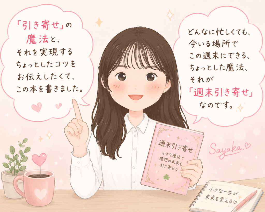 alt="著者のSayaka.さんが「引き寄せ」の魔法や、この週末から始められる「週末引き寄せ」のコツを読者にやさしく語りかけるイラスト"
