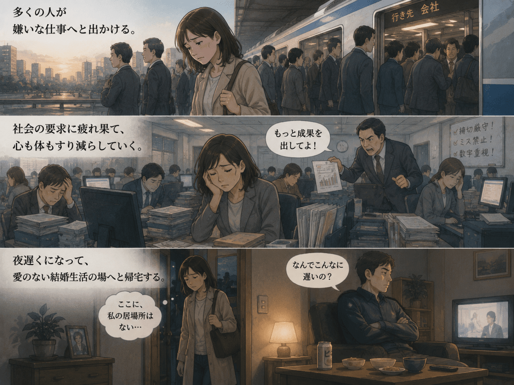 alt="嫌いな仕事へ向かい、社会の要求に疲れ果て、夜遅くに愛のない結婚生活の待つ家へ帰宅する人の苦しい日常"