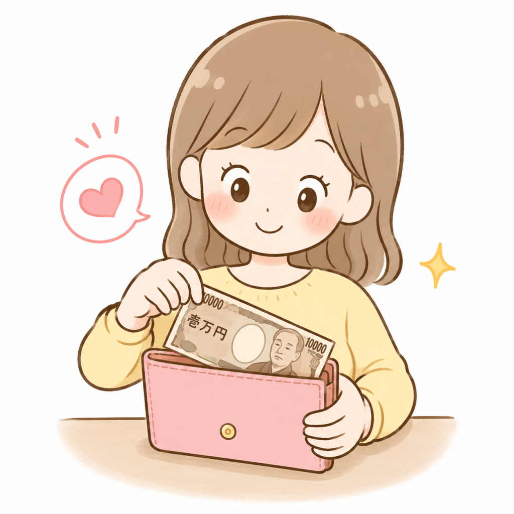 alt="一万円札をピンク色のお財布に入れて大切に保管する笑顔の女性の可愛いイラスト"