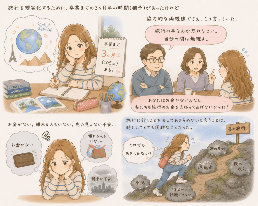 alt="卒業まで残り3か月半の中、学生ローンや就職難、両親から旅行を諦めるよう言われても、夢を手放さず葛藤し続ける女性を描いたストーリーイラスト"