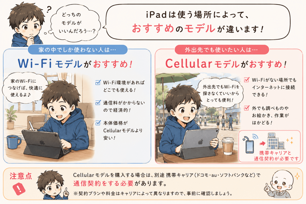 alt="iPadのWi-FiモデルとCellularモデルを比較し、自宅中心ならWi-Fiモデル、外出先でも使うなら通信契約が必要なCellularモデルがおすすめだと説明するイラスト"