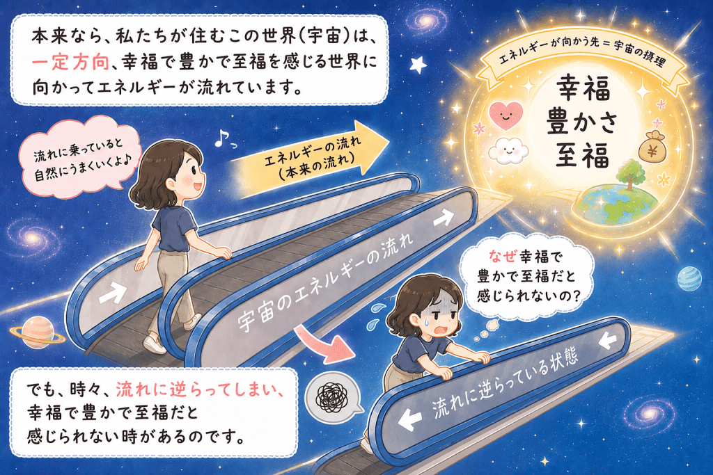 alt="宇宙のエネルギーは幸福・豊かさ・至福へ流れているのに、流れに逆らうと幸せを感じられなくなることを表現したイラスト"