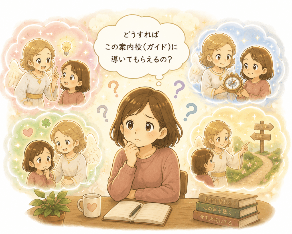 alt="どうすれば人生の案内役（ガイド）に導いてもらえるの？」と疑問を抱き、ガイドとつながる方法や心の声の受け取り方について考えている人物を表現したイラスト"