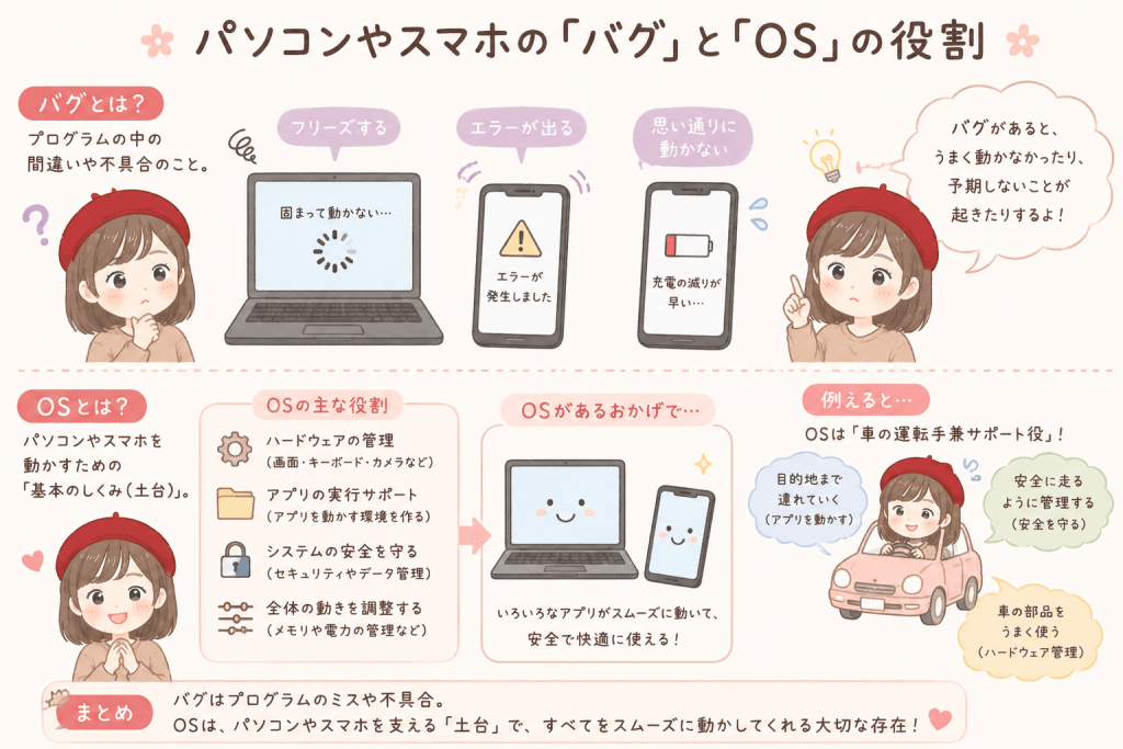 alt="パソコンやスマホで起こるバグの例と、機器やアプリを管理して安全で快適に動かすOSの役割を分かりやすく説明したイラスト"