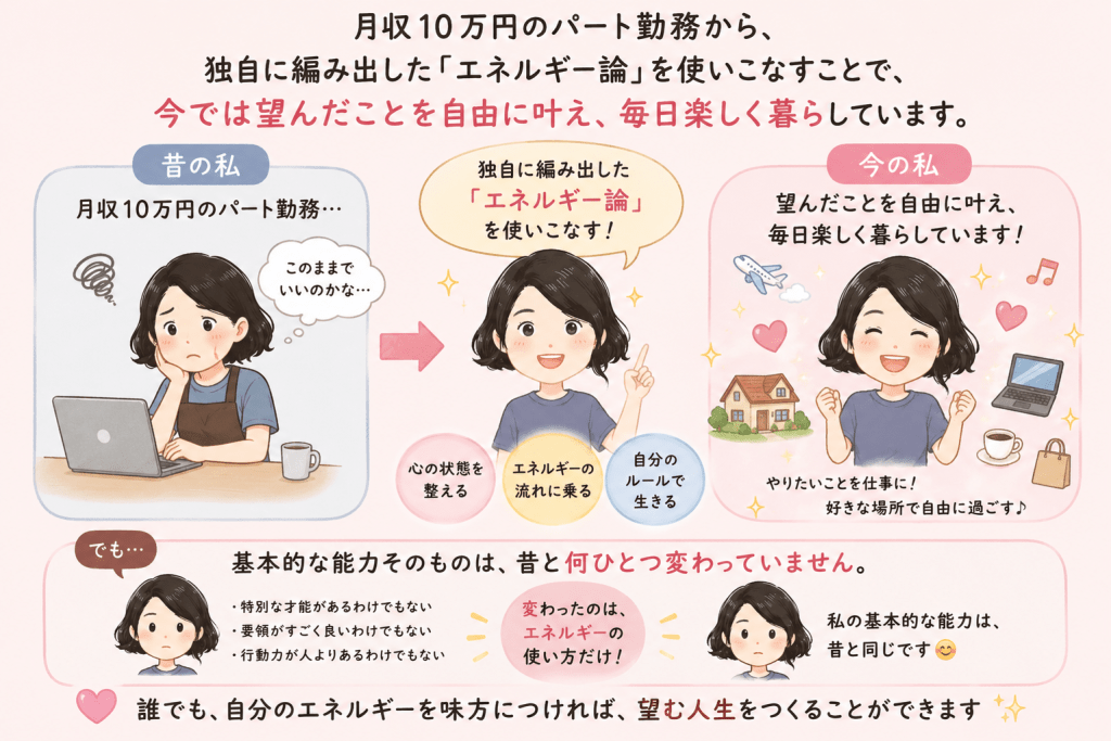 alt="エネルギー論を使いこなして望む人生を叶えた一方、基本的な能力は昔と変わっていないことを表現したイラスト"