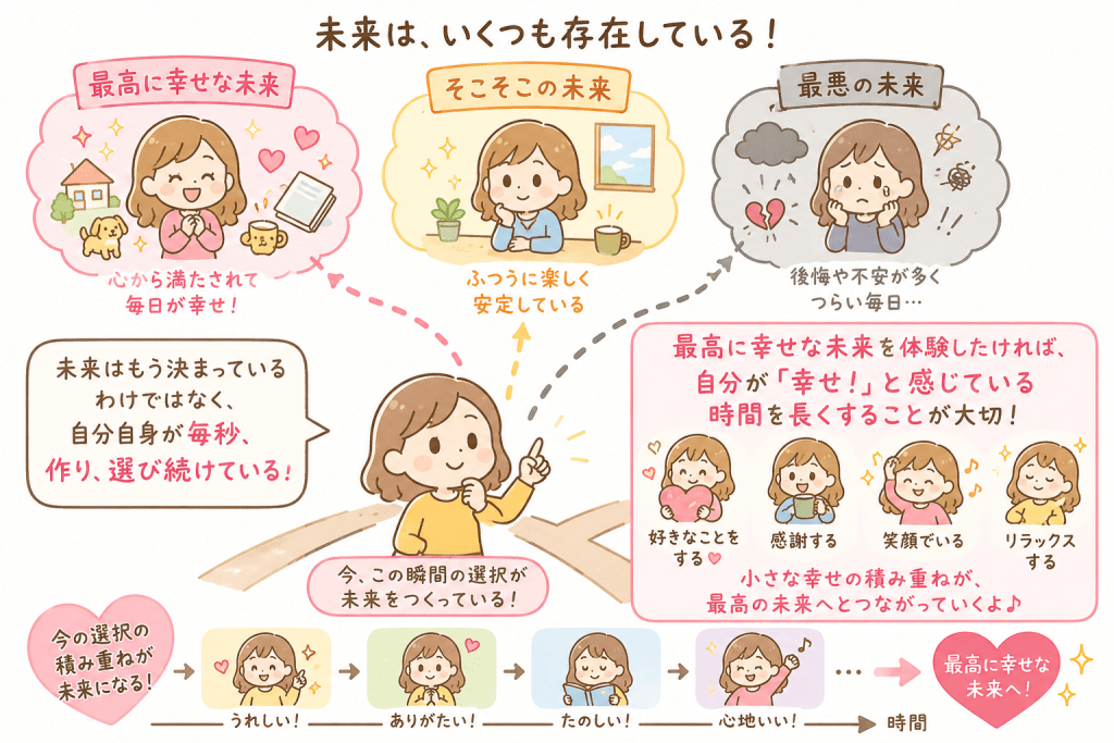 alt="複数の未来の中から毎秒の選択によって自分の未来を作り、幸せを感じる時間を増やすことで最高に幸せな未来へつながることを説明するイラスト"