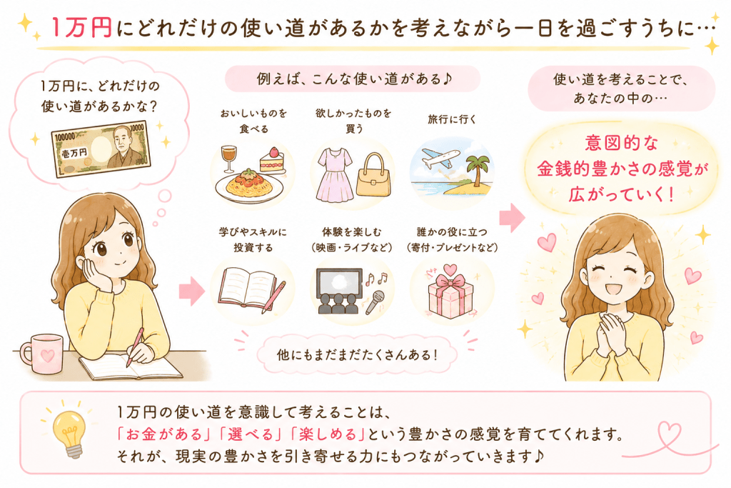alt="1万円でできる買い物や旅行、学び、体験などの使い道を考えながら一日を過ごすことで、「お金がある」「選べる」「楽しめる」という金銭的な豊かさの感覚を意図的に育てていけることを説明したイラスト"