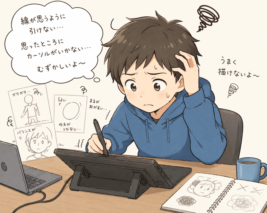 alt="ペンタブレットでデジタルイラストを描こうとするものの、思うように線が引けず苦戦している男の子のイラスト"