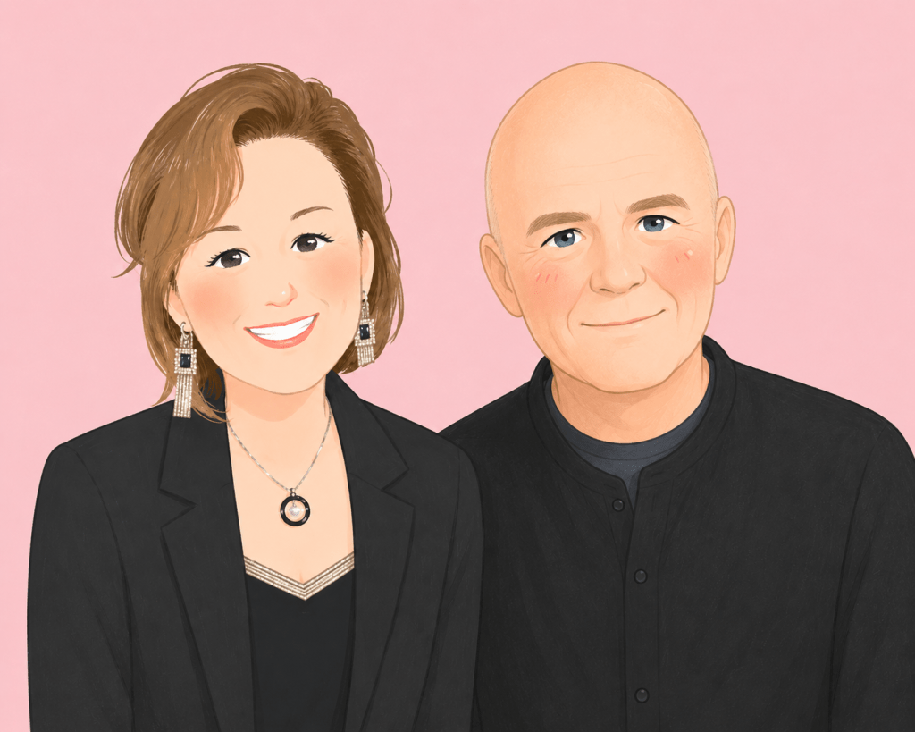  alt="エイブラハム・ヒックスとウエイン・W・ダイアー博士が並んで微笑む、シンプルで可愛らしい似顔絵イラスト"
