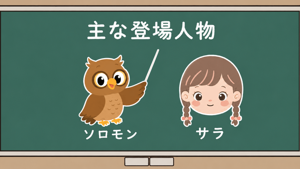 alt="黒板に主な登場人物として、フクロウのソロモンと女の子のサラが描かれたシンプルで可愛いイラスト"