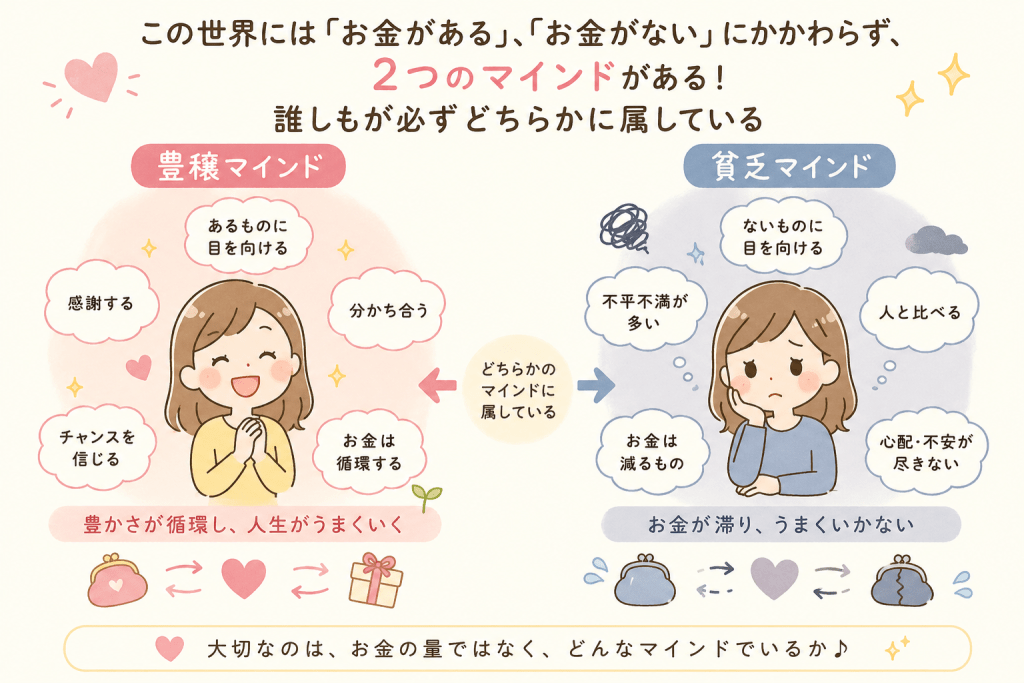 alt="あるものに目を向ける豊穣マインドと、ないものに目を向ける貧乏マインドの違いを比較したイラスト"
