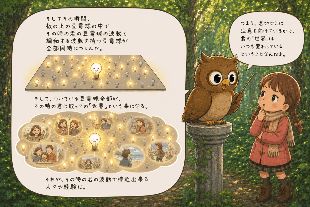 alt="フクロウのソロモンがサラに、無数の豆電球のうち波動が調和する一部の光だけが同時に点灯し、その光が自分の世界で出会える人々や経験を表していると説明するイラスト"