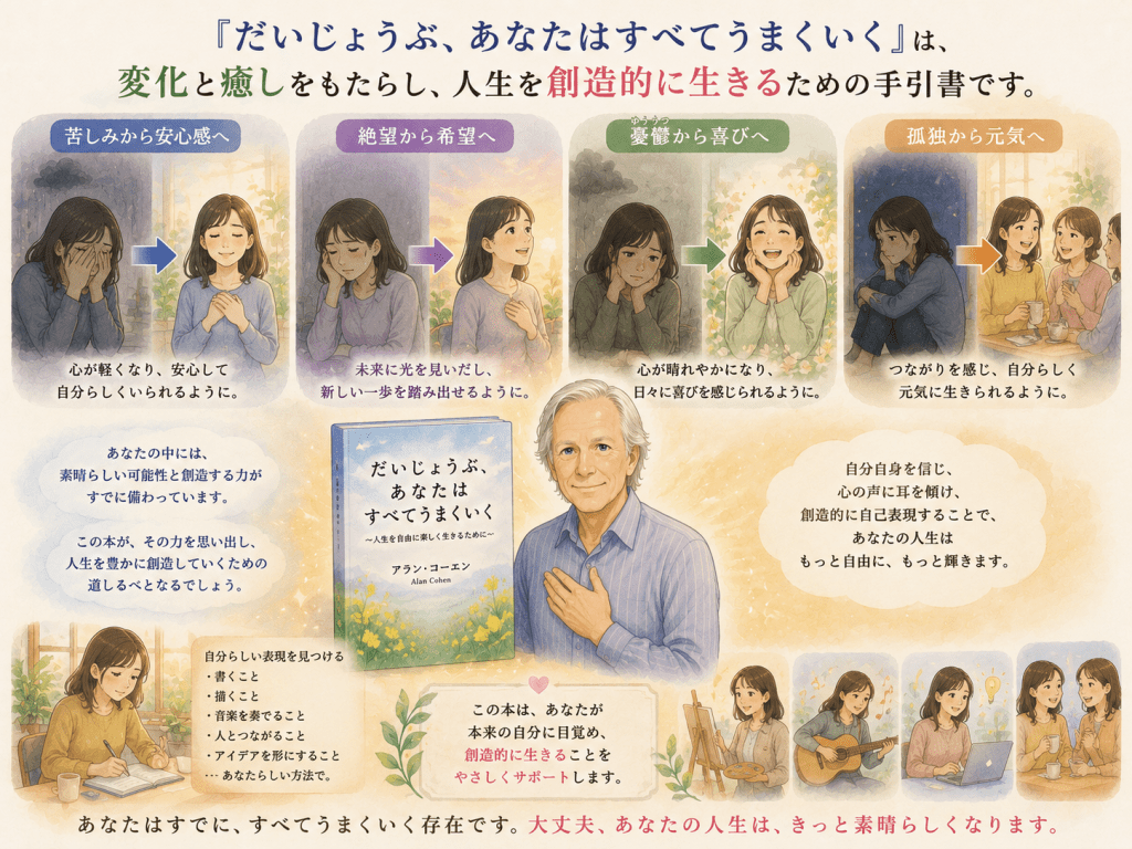 alt="だいじょうぶ、あなたはすべてうまくいく』が、苦しみから安心感へ、絶望から希望へ、憂鬱から喜びへ、孤独から元気へと心を変化させ、自分らしい創造的な自己表現へ導く手引書であることを表現"
