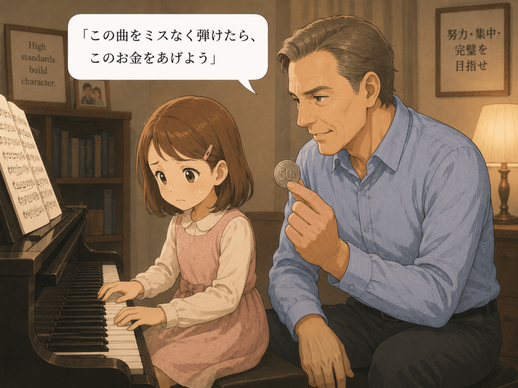 alt="6歳のシンディーがピアノを練習するたびに、要求の高い父親から「この曲をミスなく弾けたら50セントをあげよう」と言われ、成果を条件に努力を求められる幼少期の場面"