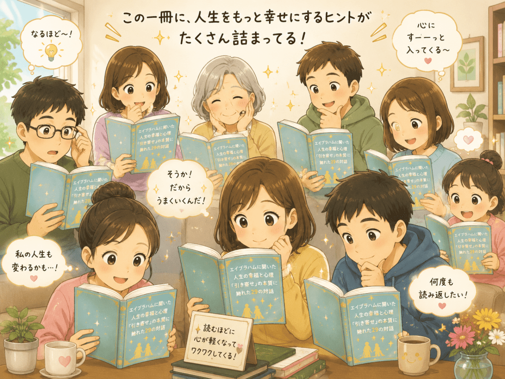 alt="『エイブラハムに聞いた人生の幸福と心理「引き寄せ」の本質に触れた29の対話』を興味深そうに真剣に読み、多くの読者が学びや気づきを得ている様子を描いた可愛いイラスト"