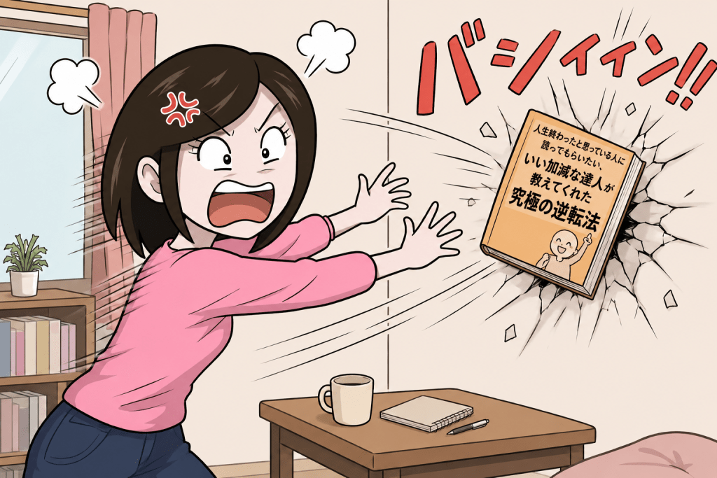 alt="中身をよく確認せずに買った本に腹を立て、怒りに任せて部屋の壁に本を叩きつける女性のイラスト"