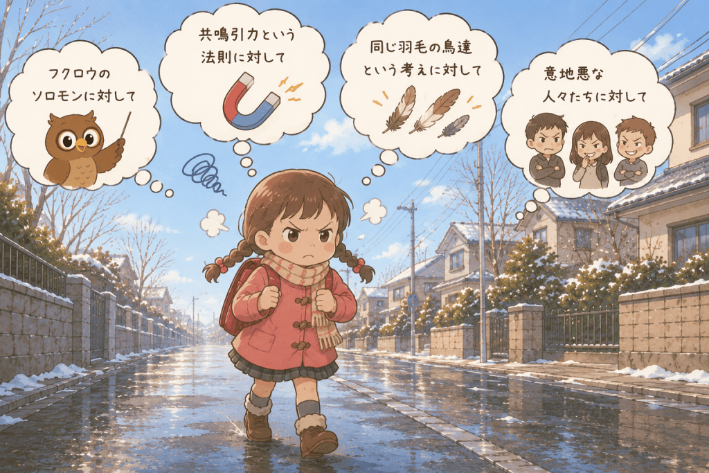alt="学校帰りのサラが、フクロウのソロモンや共鳴引力の法則、同じ羽毛の鳥たちという考え方、意地悪な人々に対して怒りながら冬の帰り道を歩くイラスト"