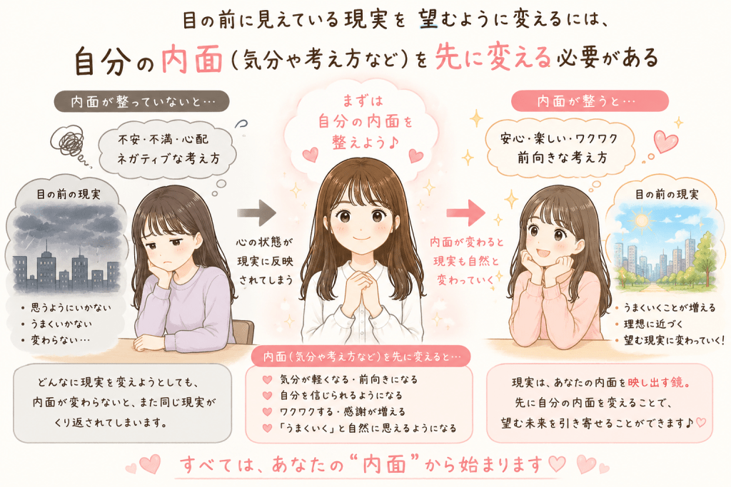 alt="目の前の現実は自分の内面を映し出す鏡であり、望む未来を引き寄せるには、まず気分や考え方などの内面を変えることが大切だと伝えるイラスト"
