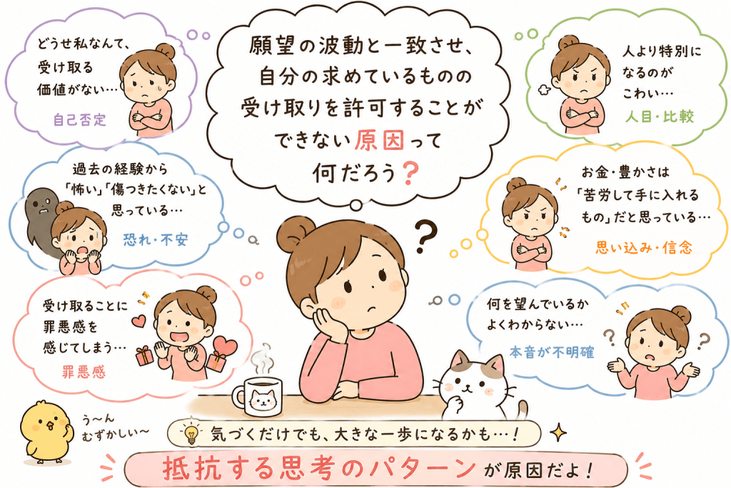alt="願望の波動と一致できず、望むものを受け取れない原因は「抵抗する思考のパターン」にあることを説明したシンプルで可愛いイラスト"