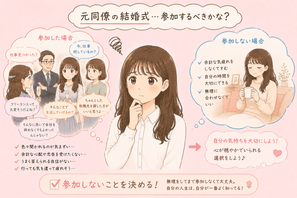 alt="元同僚の結婚式に参加して仕事や将来について質問や忠告を受けることへの不安から、自分の気持ちを大切にして結婚式に参加しないことを決めた女性のイラスト"