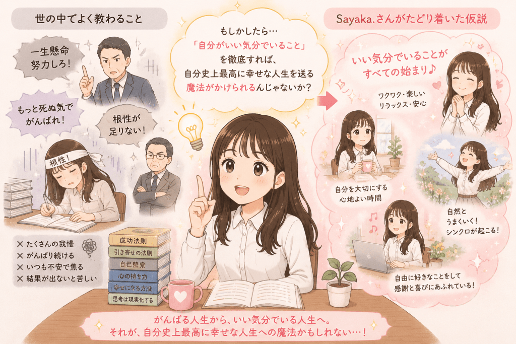 alt="努力や根性が成功に必要だとされる考え方に疑問を持ち、自分がいい気分でいることを徹底すれば自分史上最高に幸せな人生を送れるのではないかという仮説にたどり着いたSayaka.さんのイラスト"
