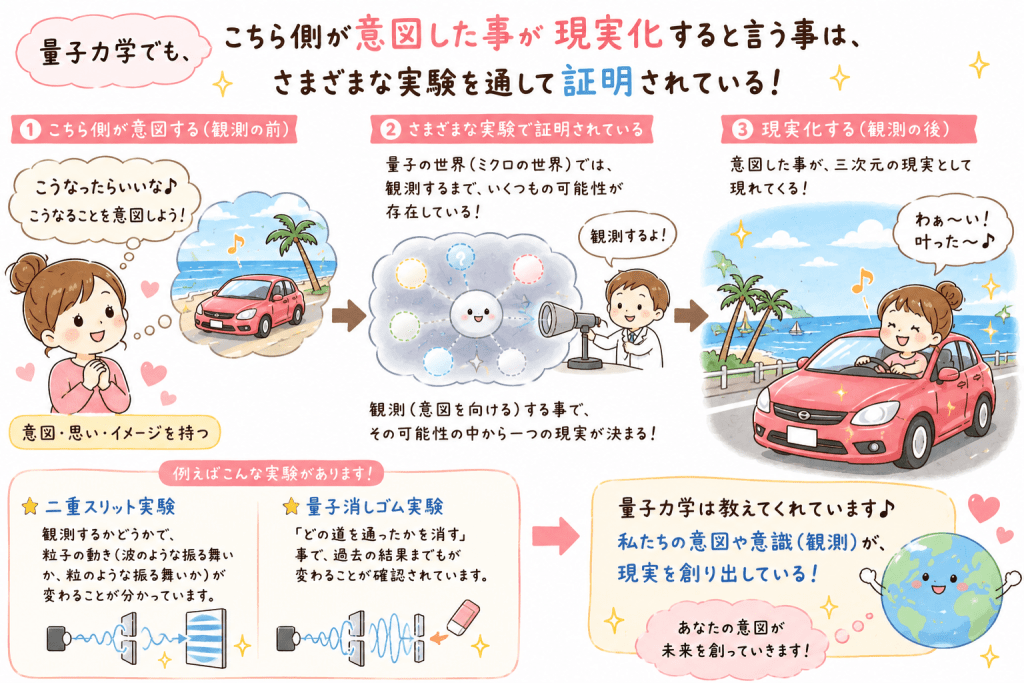 alt="量子力学の実験と、意図や観測が現実に影響を与えるという考え方を紹介する可愛い解説イラスト"
