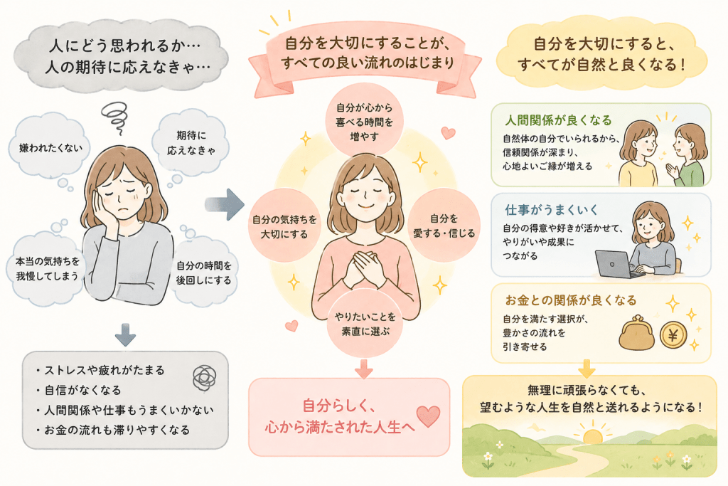 alt="人の期待よりも自分を大切にし、心から喜べる時間を増やすことで、人間関係や仕事、お金との関係が自然と良くなり、自分らしい人生を送れることを表したイラスト"
