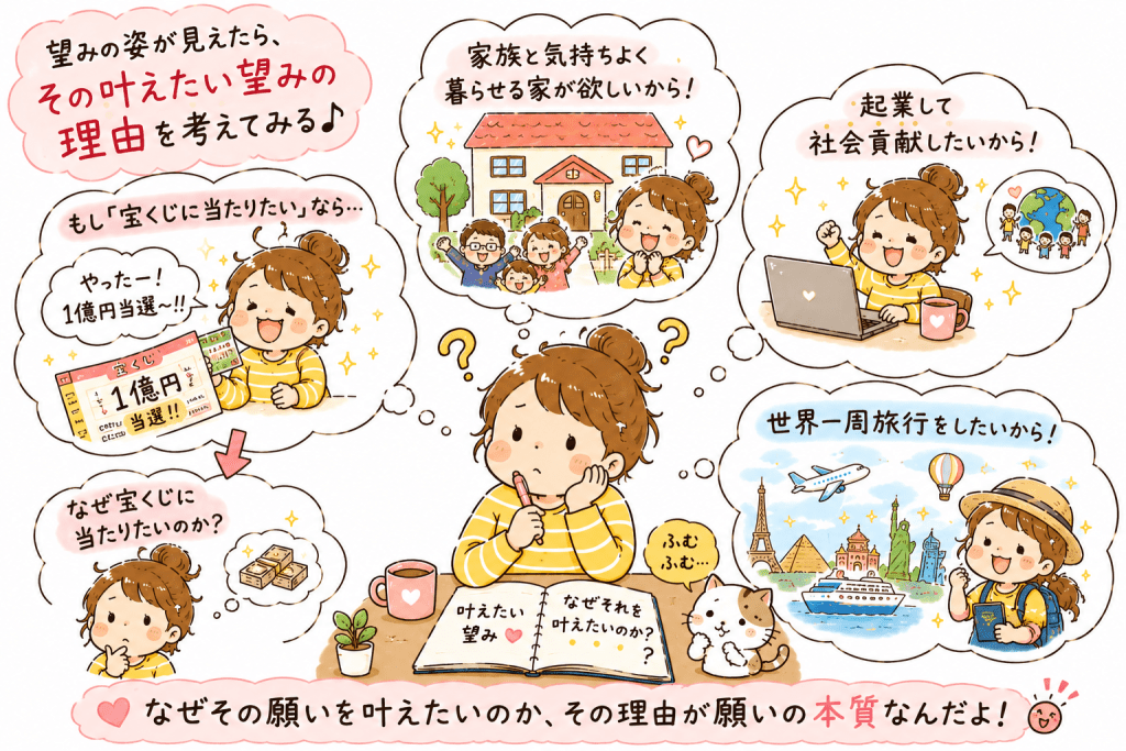 alt="叶えたい望みが見えた後、「なぜその願いを叶えたいのか?」を考えながら、宝くじ・家族と暮らす家・起業・世界一周旅行など、願いの本当の理由を見つめている可愛いイラスト"
