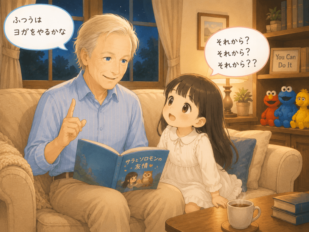 alt="アラン・コーエンさんが「ふつうはヨガをやるかな」と答えると、5歳の女の子シャネルが「それから?」と興味津々に何度も尋ねる微笑ましいイラスト"