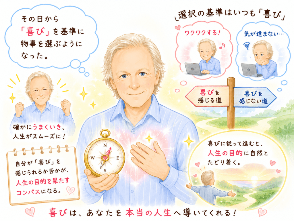 alt="アラン・コーエンさんが「喜び」を基準に選択することで人生が好転し、自分の喜びが人生の目的を果たすコンパスの役割を果たすことを表現したイラスト"