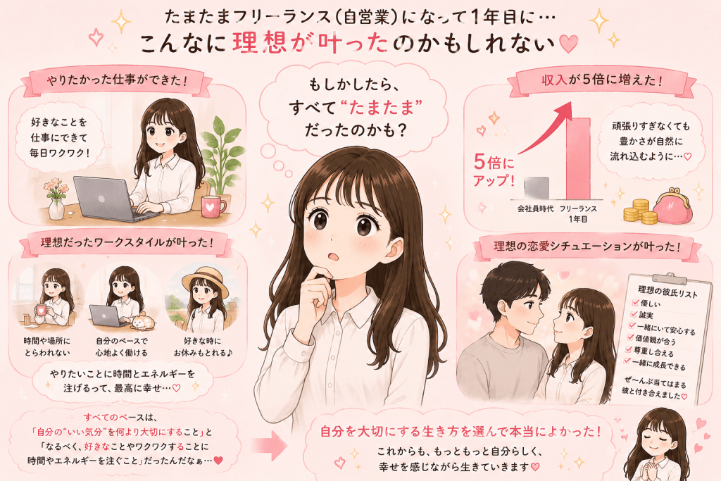alt="フリーランス1年目にやりたかった仕事や理想のワークスタイルが叶い、収入が5倍に増え、理想の彼氏とも出会えたことを振り返り、すべてたまたまだったのかもしれないと嬉しさと困惑を感じるSayaka.さんのイラスト"